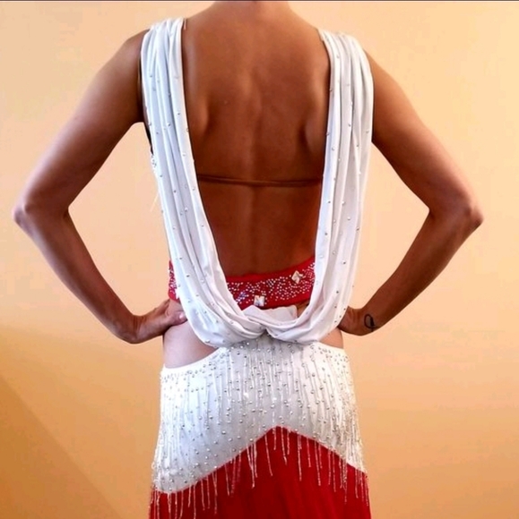 Dore Design White Latin Dress w/ Red Fringe - Picture 3 of 5